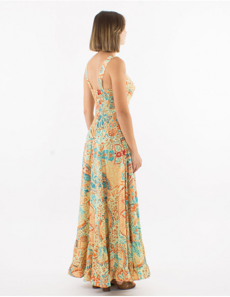 Long polyester "sari" large straps dress with "zaari print" and silver thread embroidered