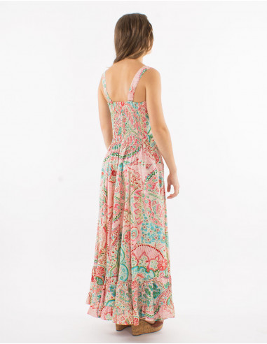 Long polyester "sari" large straps dress with "zaari print" and silver thread embroidered