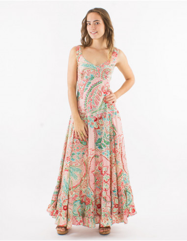 Long polyester "sari" large straps dress with "zaari print" and silver thread embroidered