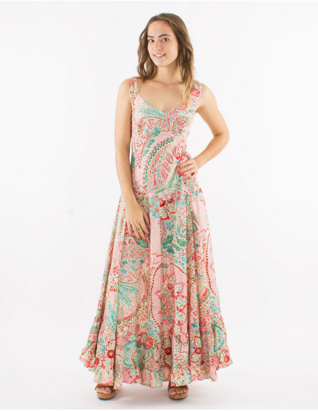 Long polyester "sari" large straps dress with "zaari print" and silver thread embroidered