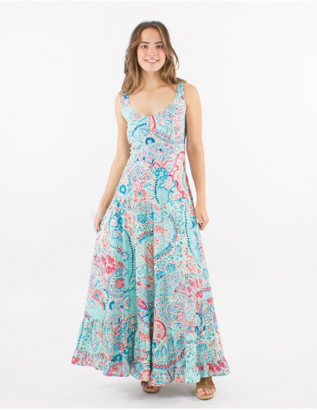 Long polyester "sari" large straps dress with "zaari print" and silver thread embroidered