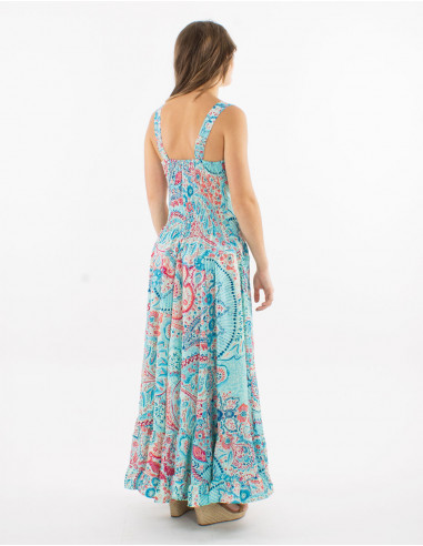 Long polyester "sari" large straps dress with "zaari print" and silver thread embroidered