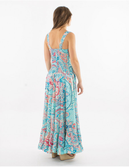 Long polyester "sari" large straps dress with "zaari print" and silver thread embroidered