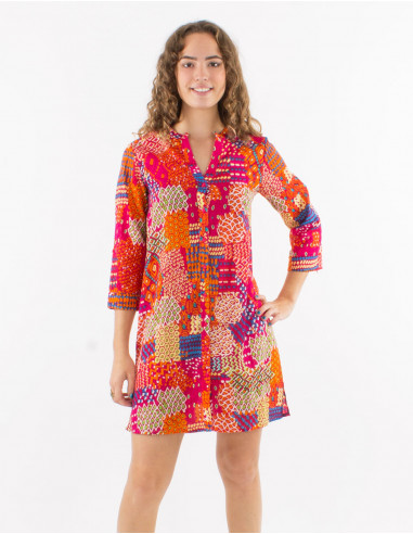 Cotton voile dress with 3/4 sleeves and "ethnique" print