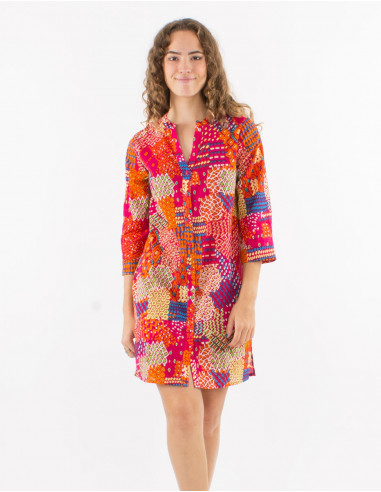 Cotton voile dress with 3/4 sleeves and "ethnique" print