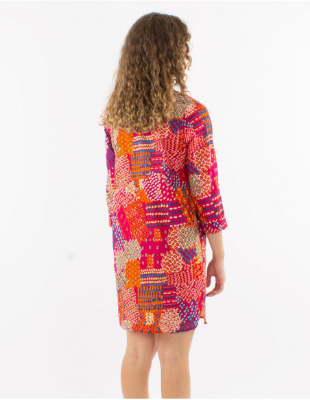 Robe voile de coton manches 3/4 imprimé ethnique