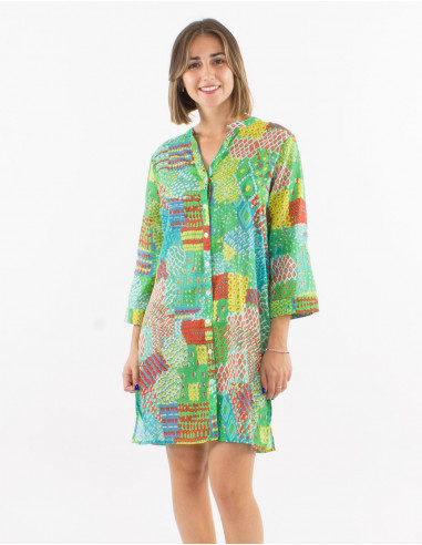 Cotton voile dress with 3/4 sleeves and "ethnique" print