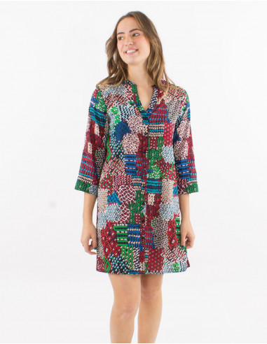 Cotton voile dress with 3/4 sleeves and "ethnique" print