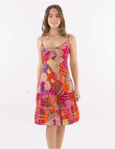 Short viscose dress with straps and "ethnique" print