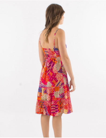 Robe courte viscose bretelles dos élastique imprimé ethnique