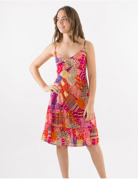 Robe courte viscose bretelles dos élastique imprimé ethnique