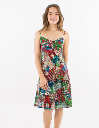 Short viscose dress with straps and "ethnique" print