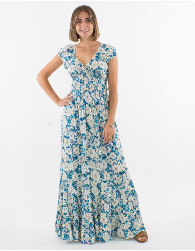 Viscose ruffled dress with elastic belt and "anemone" print