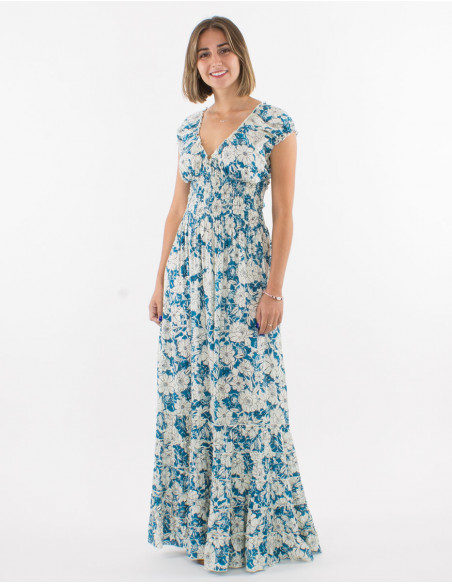 Viscose ruffled dress with elastic belt and "anemone" print