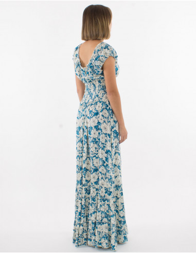 Viscose ruffled dress with elastic belt and "anemone" print
