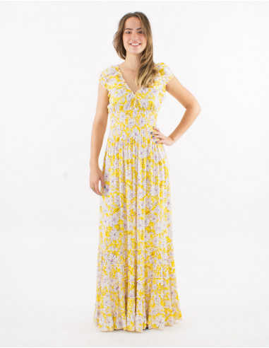 Viscose ruffled dress with elastic belt and "anemone" print