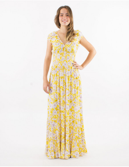 Viscose ruffled dress with elastic belt and "anemone" print
