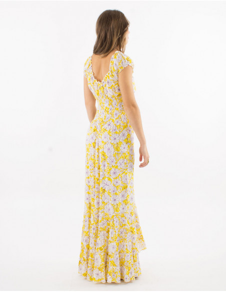 Viscose ruffled dress with elastic belt and "anemone" print