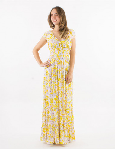 Viscose ruffled dress with elastic belt and "anemone" print