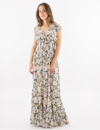 Viscose ruffled dress with elastic belt and "anemone" print