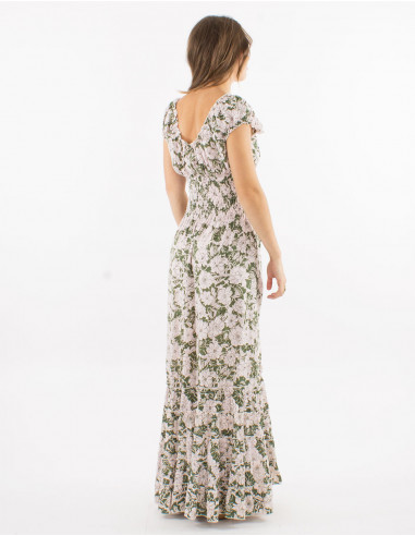 Viscose ruffled dress with elastic belt and "anemone" print