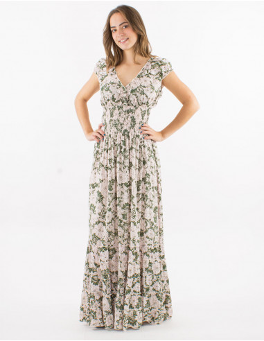 Viscose ruffled dress with elastic belt and "anemone" print