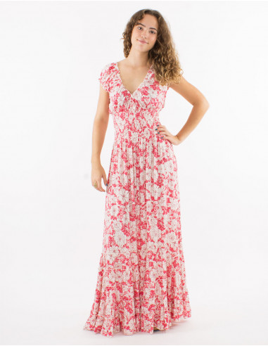 Viscose ruffled dress with elastic belt and "anemone" print