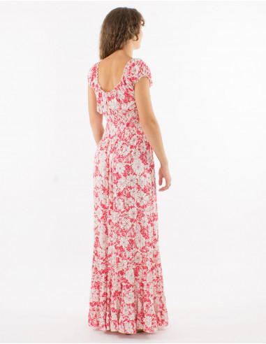 Viscose ruffled dress with elastic belt and "anemone" print