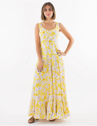 Long viscose dress with large straps and "anemone" print