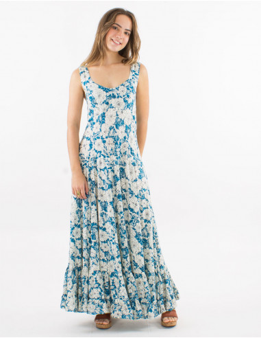 Long viscose dress with large straps and "anemone" print