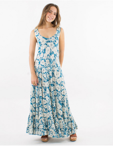 Long viscose dress with large straps and "anemone" print