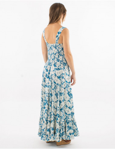 Long viscose dress with large straps and "anemone" print