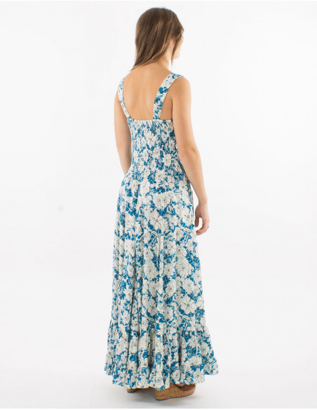 Long viscose dress with large straps and "anemone" print