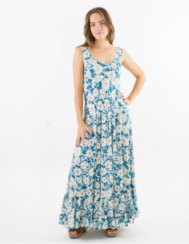 Long viscose dress with large straps and "anemone" print