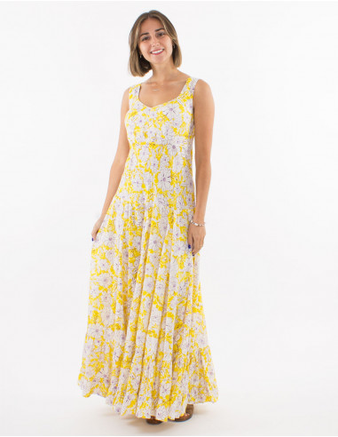 Long viscose dress with large straps and "anemone" print