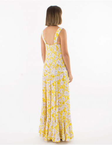Long viscose dress with large straps and "anemone" print