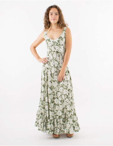 Long viscose dress with large straps and "anemone" print