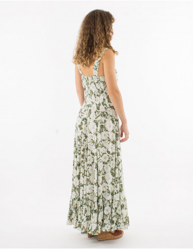 Long viscose dress with large straps and "anemone" print