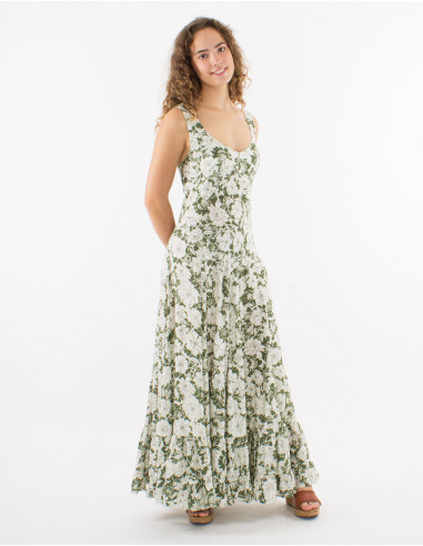 Long viscose dress with large straps and "anemone" print