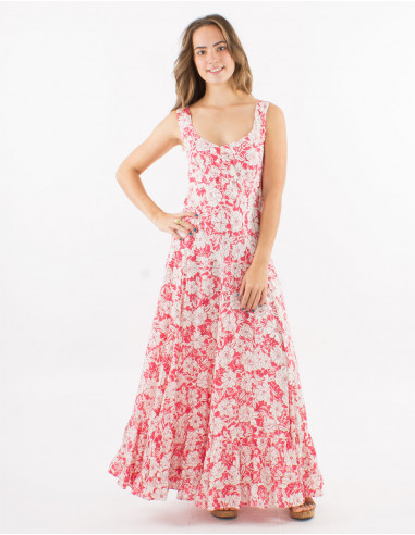 Long viscose dress with large straps and "anemone" print