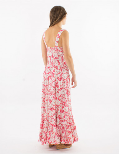 Long viscose dress with large straps and "anemone" print