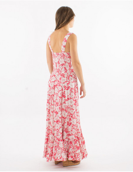 Long viscose dress with large straps and "anemone" print