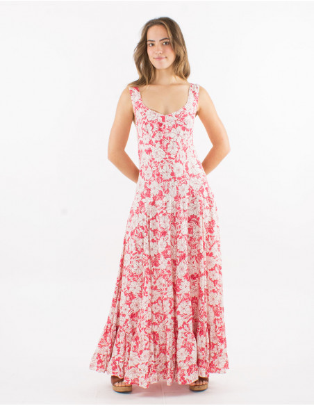 Long viscose dress with large straps and "anemone" print