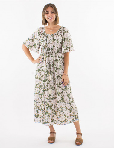 Viscose dress with short sleeves and "anemone" print