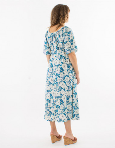 Viscose dress with short sleeves and "anemone" print