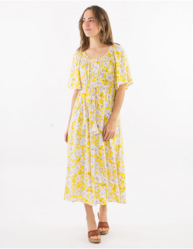 Viscose dress with short sleeves and "anemone" print