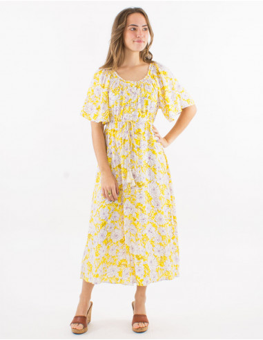Viscose dress with short sleeves and "anemone" print
