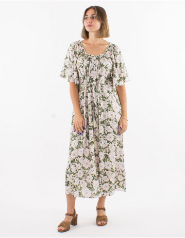 Viscose dress with short sleeves and "anemone" print