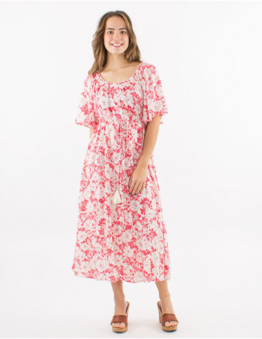 Viscose dress with short sleeves and "anemone" print