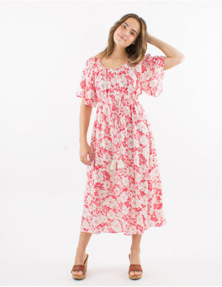 Viscose dress with short sleeves and "anemone" print